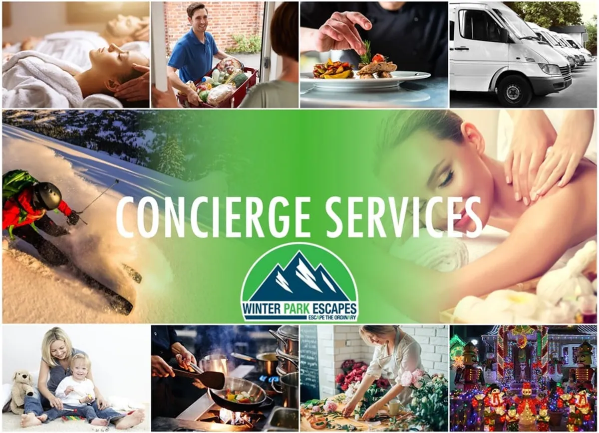A vibrant collage of interior scenes, including a couple dining, a skier, a family with a child, a holiday celebration, a spa treatment, concierge services, and a cooking class. The image conveys a joyful, active, and relaxing environment with a strong focus on diverse experiences.