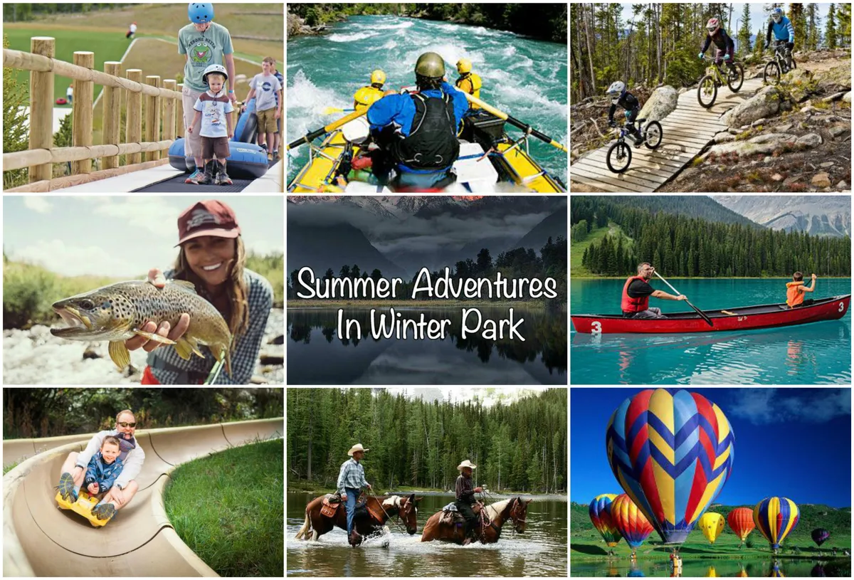 A vibrant outdoor scene featuring families engaging in various activities such as kayaking, biking, horseback riding, fishing, white-water rafting, and hot air ballooning. Children are seen playing on slides, and the landscape is bright and inviting, showcasing a wealth of recreational options in a mountain setting.