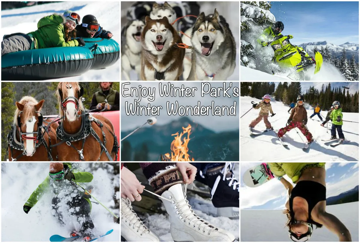 A dynamic winter scene with people tubing on snow, a snowmobile in action, Husky dogs for sledding, a horse-drawn sleigh, a group warming by a campfire, and children playing in fresh snow. The setting is lively and festive, with snowy mountains in the background.